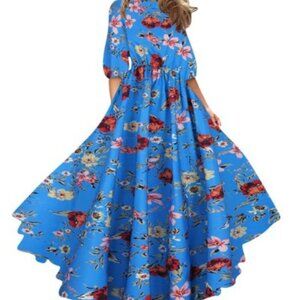 Blue Floral Print Women's Casual Loose Bohemian Maxi Dress